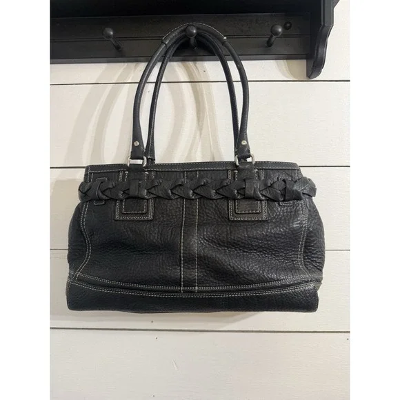 Coach Hampton F13087 Braided Trim Tassle Black‎ Pebble Leather